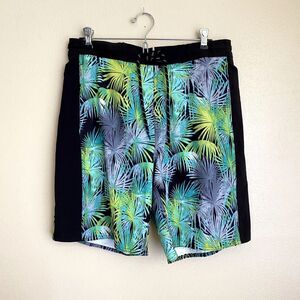 George Medium 32-34 Men's Swim Trunks Palm Trees Green Black Pockets Drawstring
